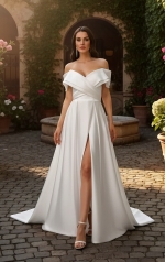 Modern Off-the-Shoulder Satin A-Line Gown with Slit - BLL-A54638