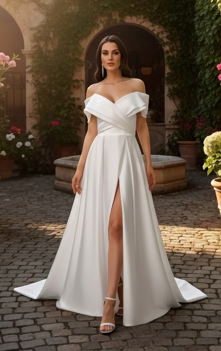 Modern Off-the-Shoulder Satin A-Line Gown with Slit - BLL-A54638