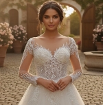 Elegant Long-Sleeve Lace and Tulle Ball Gown with Illusion Neckline - BLL-B64709