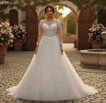 Elegant Long-Sleeve Lace and Tulle Ball Gown with Illusion Neckline - BLL-B64709