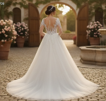 Elegant Long-Sleeve Lace and Tulle Ball Gown with Illusion Neckline - BLL-B64709
