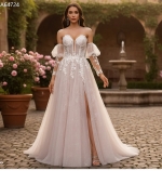 Glitter Tulle A-Line Gown with Corset Bodice and Detachable Sleeves - BLL-A64724