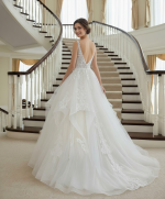Romantic Plunge V-Neck Ball Gown with Tiered Tulle Skirt and Lace Appliqué - BLL-B34743