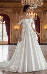 Elegant Off-the-Shoulder Satin Ball Gown with Structured Bodice - BLL-B54803