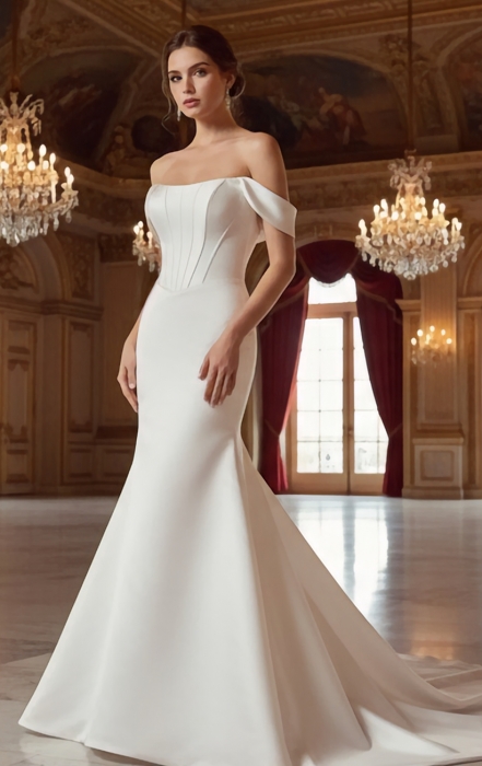 Structured Satin Off-the-Shoulder Mermaid Gown with Corset Bodice - BLL-F54802