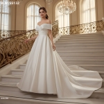 Elegant Satin Ball Gown: Beaded Ruched Bodice, Off-the-Shoulder, Chapel Train and Button-Back Detail  - BLM-BSS132