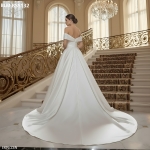 Elegant Satin Ball Gown: Beaded Ruched Bodice, Off-the-Shoulder, Chapel Train and Button-Back Detail  - BLM-BSS132