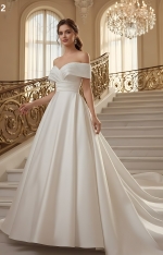 Elegant Satin Ball Gown: Beaded Ruched Bodice, Off-the-Shoulder, Chapel Train and Button-Back Detail  - BLM-BSS132
