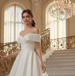 Elegant Satin Ball Gown: Beaded Ruched Bodice, Off-the-Shoulder, Chapel Train and Button-Back Detail  - BLM-BSS132
