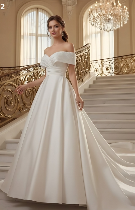 Elegant Satin Ball Gown: Beaded Ruched Bodice, Off-the-Shoulder, Chapel Train and Button-Back Detail  - BLM-BSS132