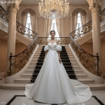Satin Ball Gown - Ruched Bodice with Detachable Balloon Short Sleeves - BLM-BSS133