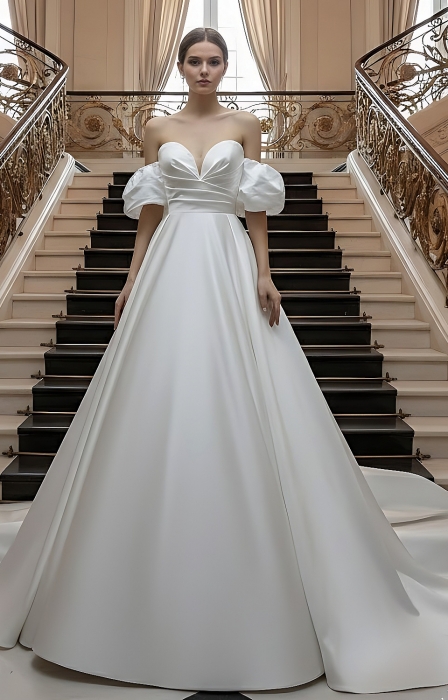 Satin Ball Gown - Ruched Bodice with Detachable Balloon Short Sleeves - BLM-BSS133