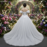 Glittery Tulle Ball Gown with Off-Shoulder Short Sleeves and Corset Back- BLM-BA0779