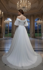 Elegant Ruching Off-the-Shoulder Satin A-Line Bridal Dress - BLM-AA0647