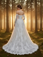 A-Line Wedding Dress - Off-the-Shoulder Lace Gown with Illusion Long Sleeves - BLM-AE4148