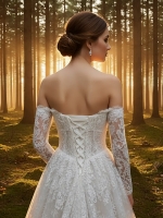 A-Line Wedding Dress - Off-the-Shoulder Lace Gown with Illusion Long Sleeves - BLM-AE4148