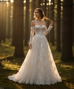 A-Line Wedding Dress - Off-the-Shoulder Lace Gown with Illusion Long Sleeves - BLM-AE4148