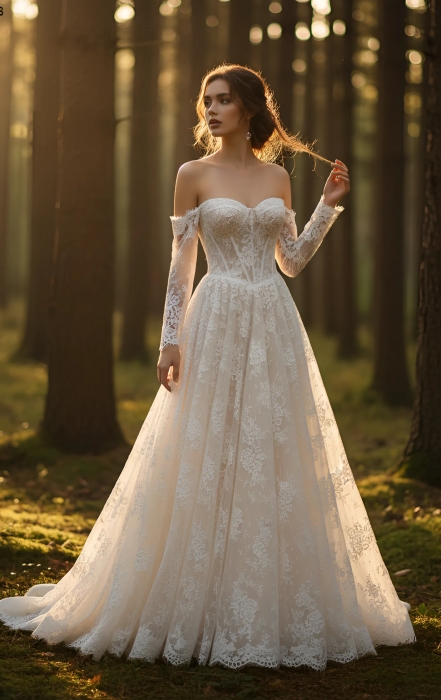 A-Line Wedding Dress - Off-the-Shoulder Lace Gown with Illusion Long Sleeves - BLM-AE4148
