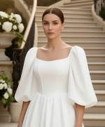 Regal Premium Crepe A-Line Wedding Dress with Basque waistline, Puff Sleeves, and Cathedral Train - OU-A6006
