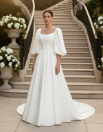 Regal Premium Crepe A-Line Wedding Dress with Basque waistline, Puff Sleeves, and Cathedral Train - OU-A6006