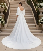Regal Premium Crepe A-Line Wedding Dress with Basque waistline, Puff Sleeves, and Cathedral Train - OU-A6006