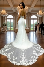 Luxury Beaded Floral Lace Mermaid Gown with Spaghetti Straps, Plunging V-Neck, and Dramatic Low Back - LV-M2004