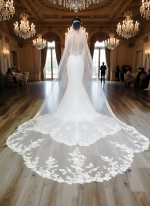 Luxury Beaded Floral Lace Mermaid Gown with Spaghetti Straps, Plunging V-Neck, and Dramatic Low Back - LV-M2004