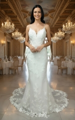 Luxury Beaded Floral Lace Mermaid Gown with Spaghetti Straps, Plunging V-Neck, and Dramatic Low Back - LV-M2004