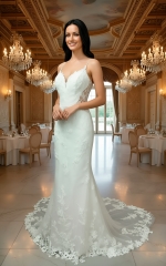 Luxury Beaded Floral Lace Mermaid Gown with Spaghetti Straps, Plunging V-Neck, and Dramatic Low Back - LV-M2004
