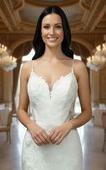 Luxury Beaded Floral Lace Mermaid Gown with Spaghetti Straps, Plunging V-Neck, and Dramatic Low Back - LV-M2004