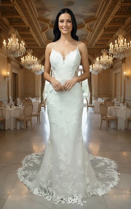 Luxury Beaded Floral Lace Mermaid Gown with Spaghetti Straps, Plunging V-Neck, and Dramatic Low Back - LV-M2004