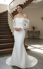 Ethereal Crepe Mermaid Gown with 3-D Floral Laces Accent Off-Shoulder Straps- LV-M6006