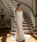 Ethereal Crepe Mermaid Gown with 3-D Floral Laces Accent Off-Shoulder Straps- LV-M6006