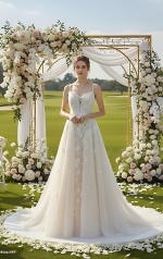 Fitted and Flare - Floral Lace Appliqued Tulle Wedding Dress with Overskirt - MO-F2006