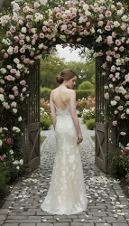 Fitted and Flare - Floral Lace Appliqued Tulle Wedding Dress with Overskirt - MO-F2006