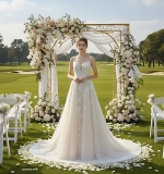 Fitted and Flare - Floral Lace Appliqued Tulle Wedding Dress with Overskirt - MO-F2006