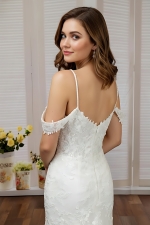Fitted and Flare - Off the Shoulder Sequined Floral Lace Wedding Dress - MO-F5003