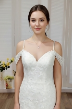 Fitted and Flare - Off the Shoulder Sequined Floral Lace Wedding Dress - MO-F5003