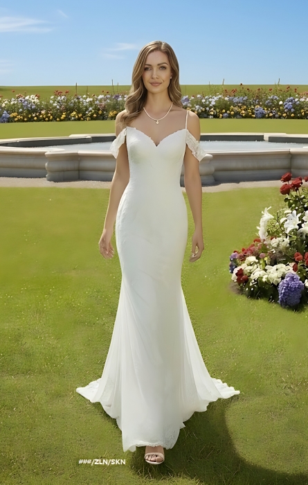 Fitted and Flare - Off the Shoulder Sequined Floral Lace Wedding Dress - MO-F5003