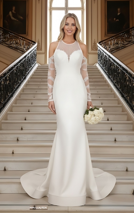 Mermaid Beaded Lace Appliqued Halter Off-Shoulder Sheer Lacy Long Sleeves  Wedding Dress - MO-M6003