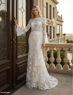 Sheath Sequined Floral Lace Bell Long Sleeves Boho Wedding Dress - MO-S6001