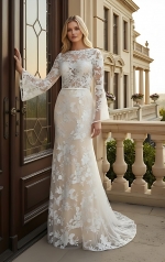 Sheath Sequined Floral Lace Bell Long Sleeves Boho Wedding Dress - MO-S6001