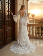 Sheath Sequined Floral Lace Bell Long Sleeves Boho Wedding Dress - MO-S6001