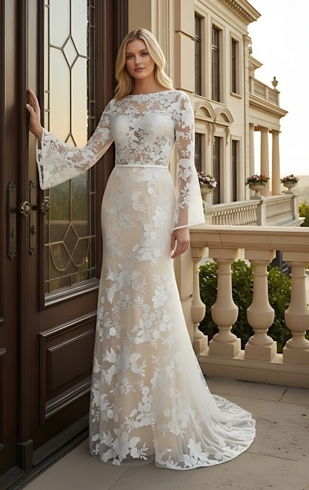 Sheath Sequined Floral Lace Bell Long Sleeves Boho Wedding Dress - MO-S6001