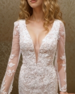 Sheath Sequined Floral Lace Cut-Out Bodice with Sheer Leg-of-Mutton Long Sleeves Wedding Dress - MO-S6002