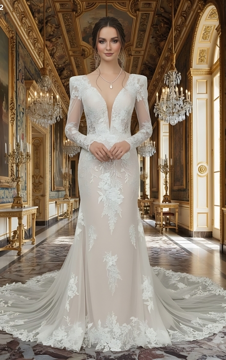 Sheath Sequined Floral Lace Cut-Out Bodice with Sheer Leg-of-Mutton Long Sleeves Wedding Dress - MO-S6002