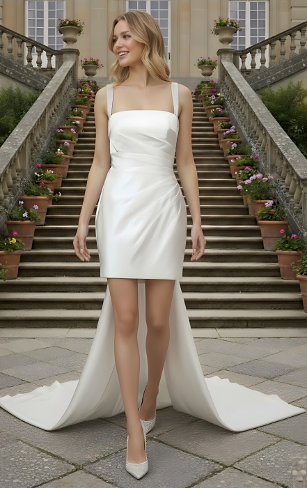 Wedding Dress - Satin Pleated Mini Skirt with Detachable Train - LV-R1001