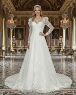A-Line Beaded and Sequined Floral Lace Appliqued Tulle Wedding Dress with Layer of Glittery Tulle - MO-A6004