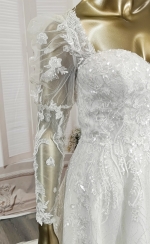 A-Line Beaded and Sequined Floral Lace Appliqued Tulle Wedding Dress with Layer of Glittery Tulle - MO-A6004