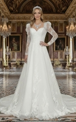 A-Line Beaded and Sequined Floral Lace Appliqued Tulle Wedding Dress with Layer of Glittery Tulle - MO-A6004